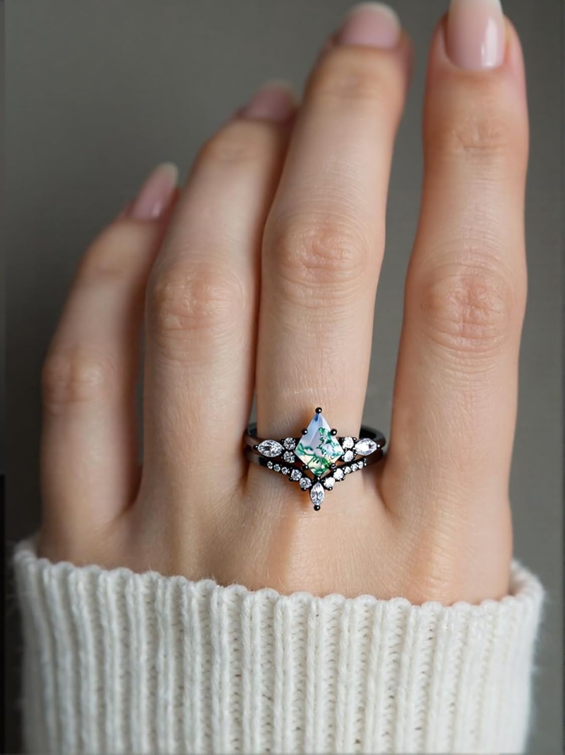 Natural Moss Agate Engagement Ring Set 925 Sterling Silver Bridal Ring Set for Her Jewelry Gift for Women Black Vintage Promise Rings Set