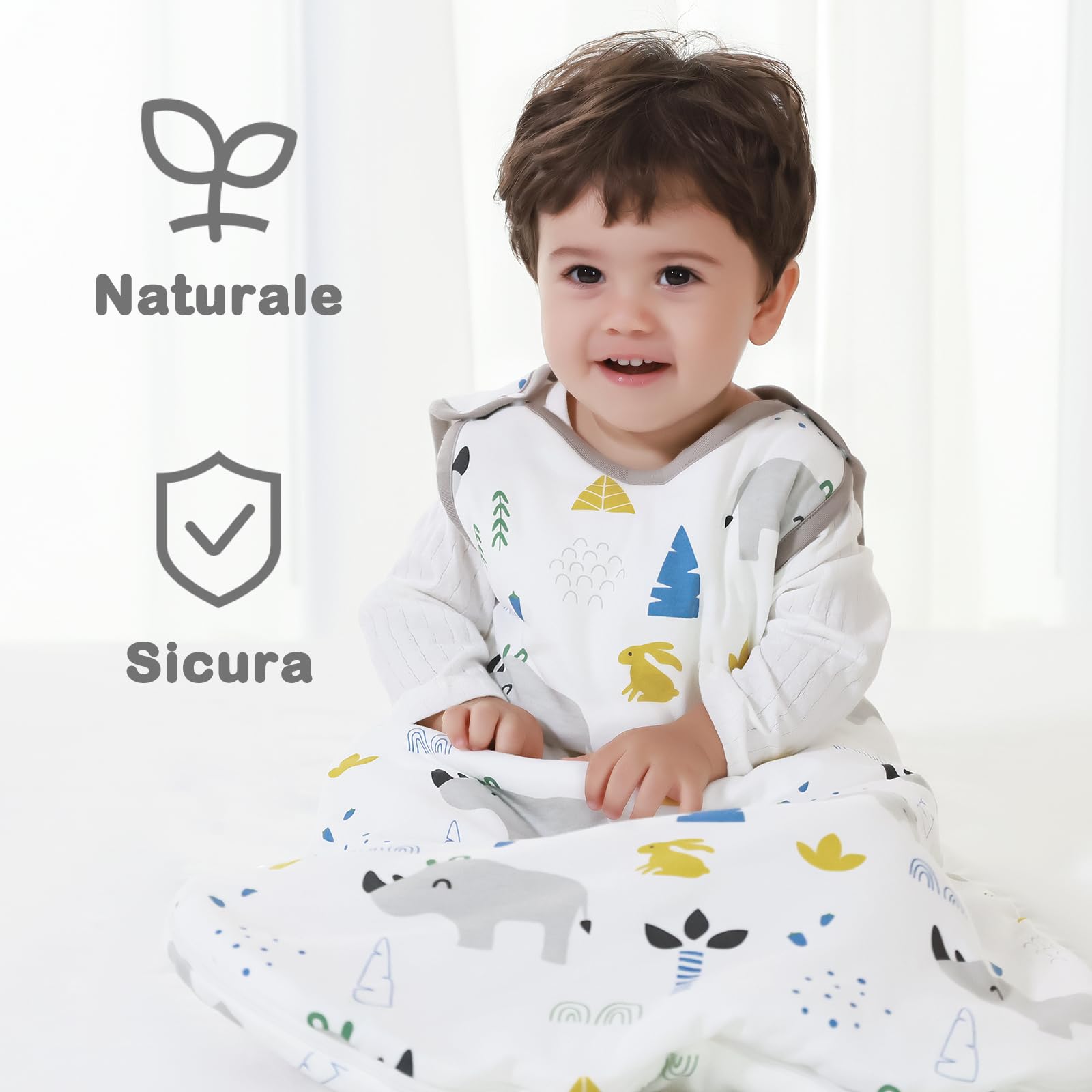 Mosbears Sacco nanna invernale per bambini, 2,5 Tog, 100% cotone, diverse dimensioni dalla nascita fino a 24 mesi, adatto per tutto l'anno(Rinoceronte,XL(18 a 24 mesi))