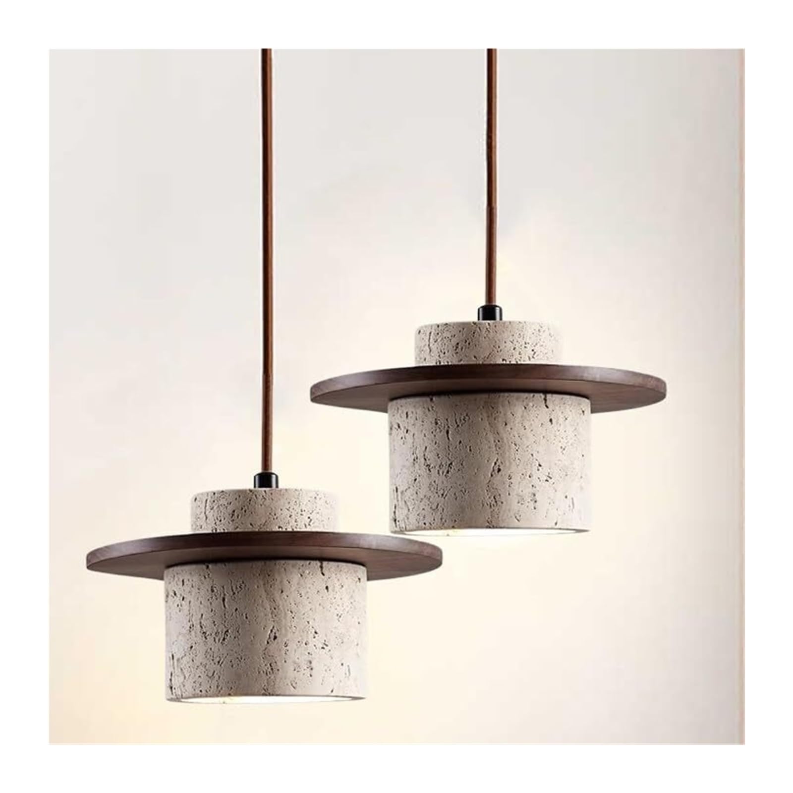 KHUKHU Nordic Natural Stone Shade Pendant Light Japanese Wabi Sabi Travertine Chandelier with E26 Base for Kitchen Island,Wood Suspension Lamp for Dining,Bedside,Entryway,Cafe,Restaurant(Walnut,2PCS)