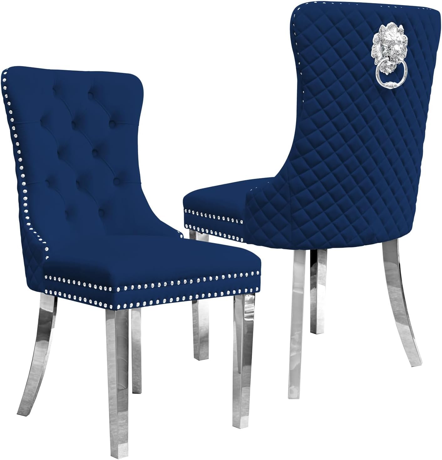 M-V-O Luxury Velvet Door Knocker Dining Chairs – Soft Padded Velvet Upholstery with Chrome Knocker & Studded Trim – Elegant Dining Room Chairs (Navy, 2 Pack)