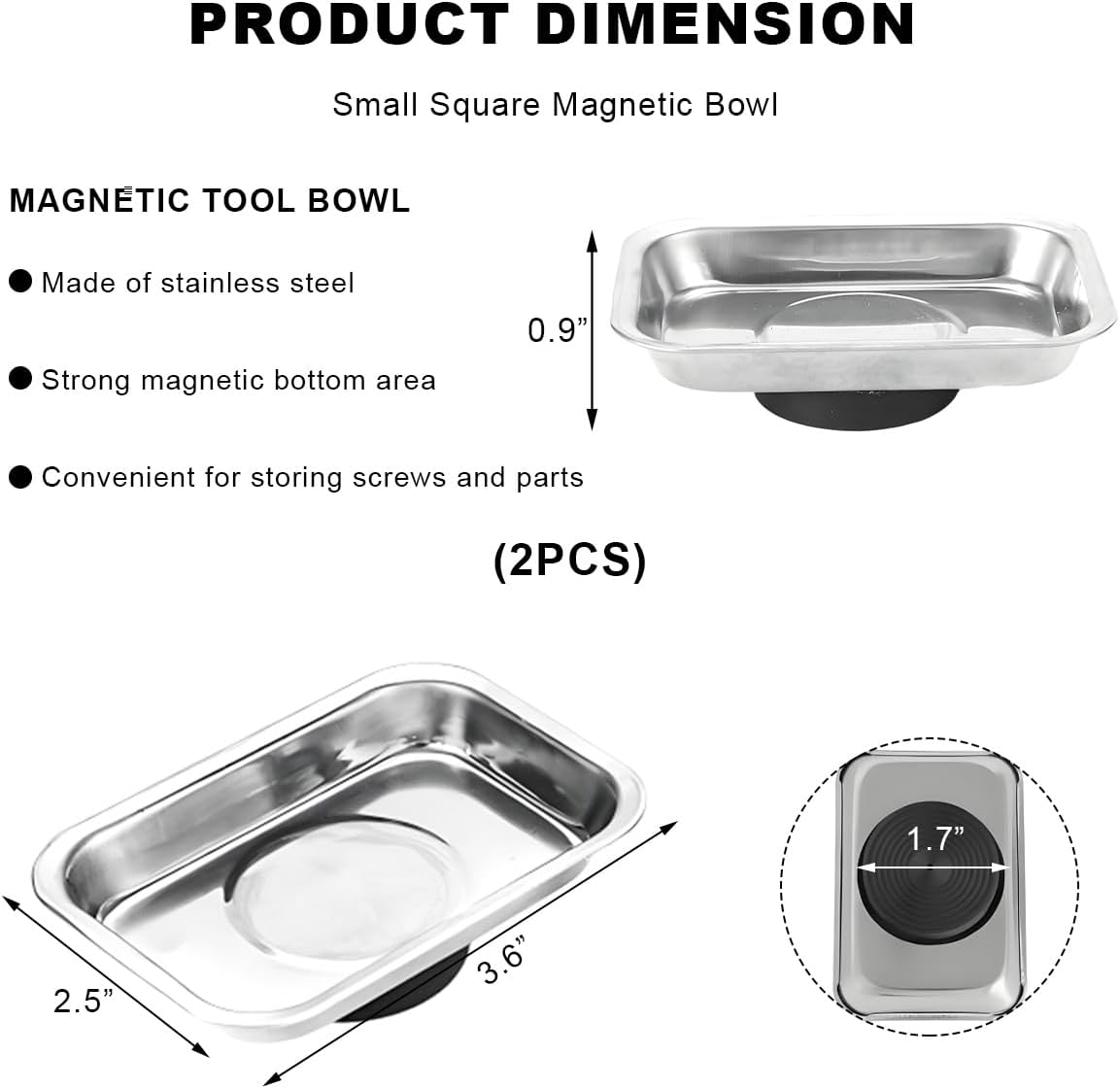 Wevdn 2 PCS Magnetic Tray Holders, 2.5"×3.6" Stainless Steel Square Magnetic Parts Tray Set, Heavy Duty Thickened Tray Bowl for Screws Bolts Nuts Metal Parts, Magnetic Tray for Mechanic's