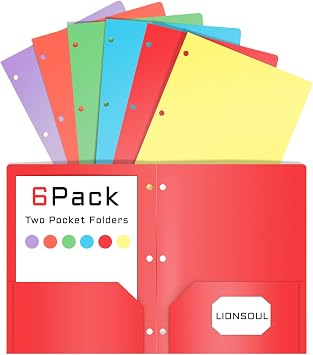 Plastic 3 Hole Folders with Pockets for 3 Ring Binders, 6 Pack Assorted Colors, Durable Poly Pocket Folders, Ideal for Students, Teachers, Office, School and Home Use Multicolor