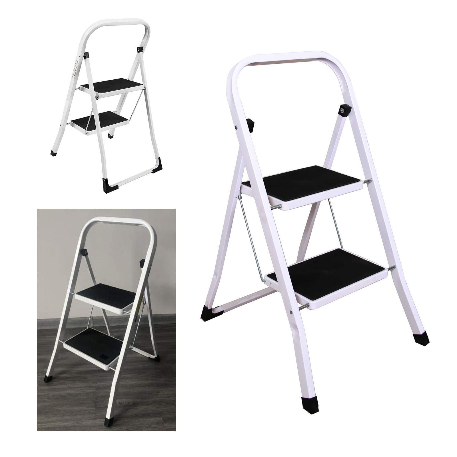 Escalera plegable de 2 peldaños, acero de alta calidad, ligera, portátil, plegable, hasta 150 kg