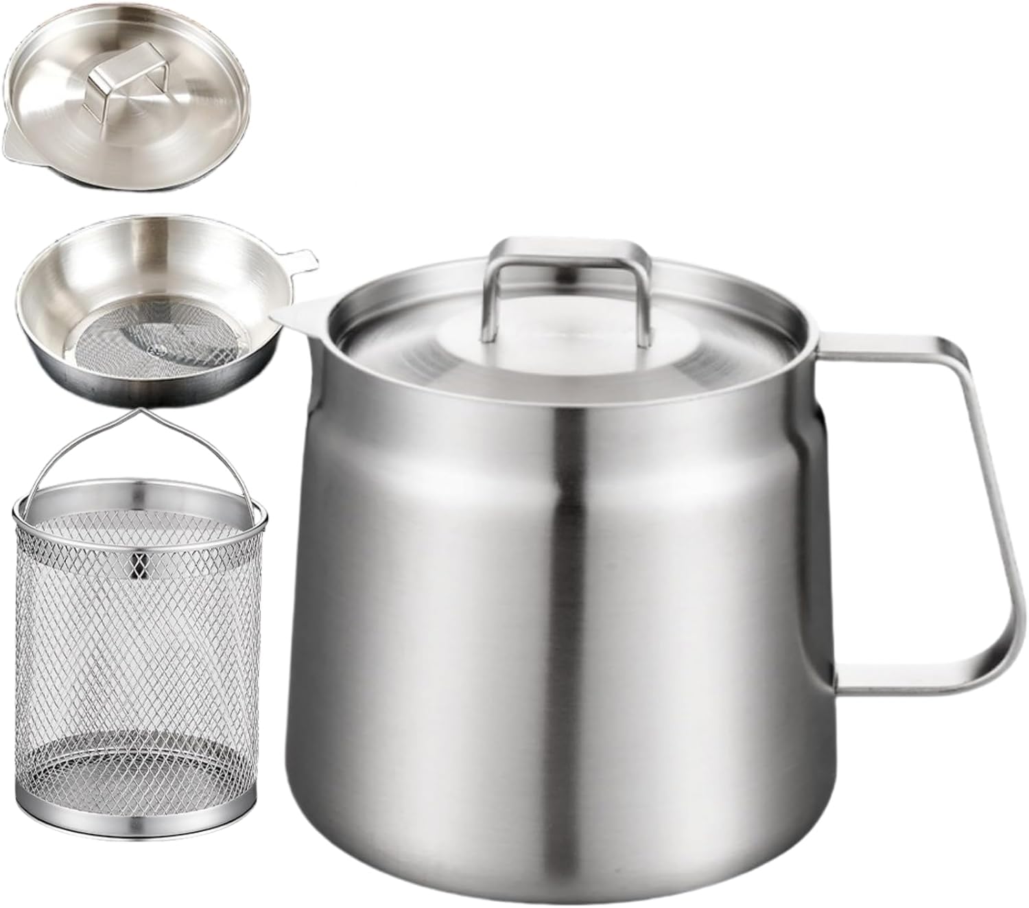 food grade 304 stainless steel 68oz fryer with oil filter and frying basket, height 6.3” * diameter 5.5“inches, large capacity, suitable for containers such as oil, milk, coffee, etc