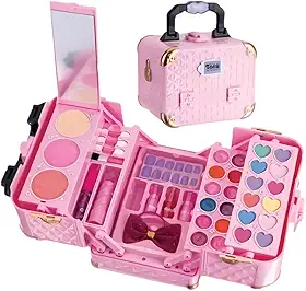 Maleta de Maquiagem Infantil Rosa com Espelho, 24 Sombras, 2 Blush, 4 Batons, Kit Unhas Postiças e Acessórios