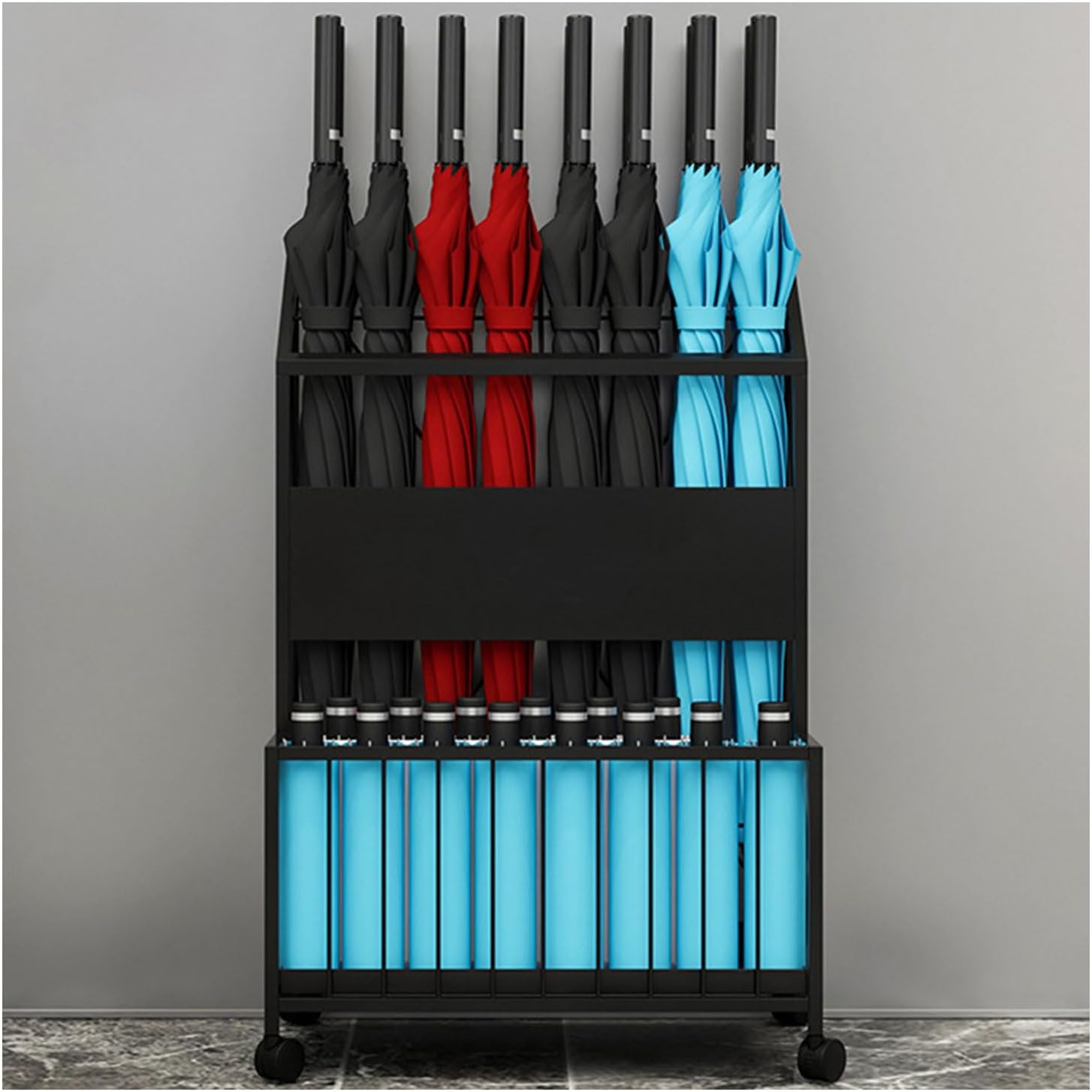 Large 2 Tier Metal Umbrella Stand Holder - Holds 25-35 Umbrellas, Removable Drip Tray, Wheels for Easy Movement, Ideal for Home, Hotel, Office & Restaurant Use