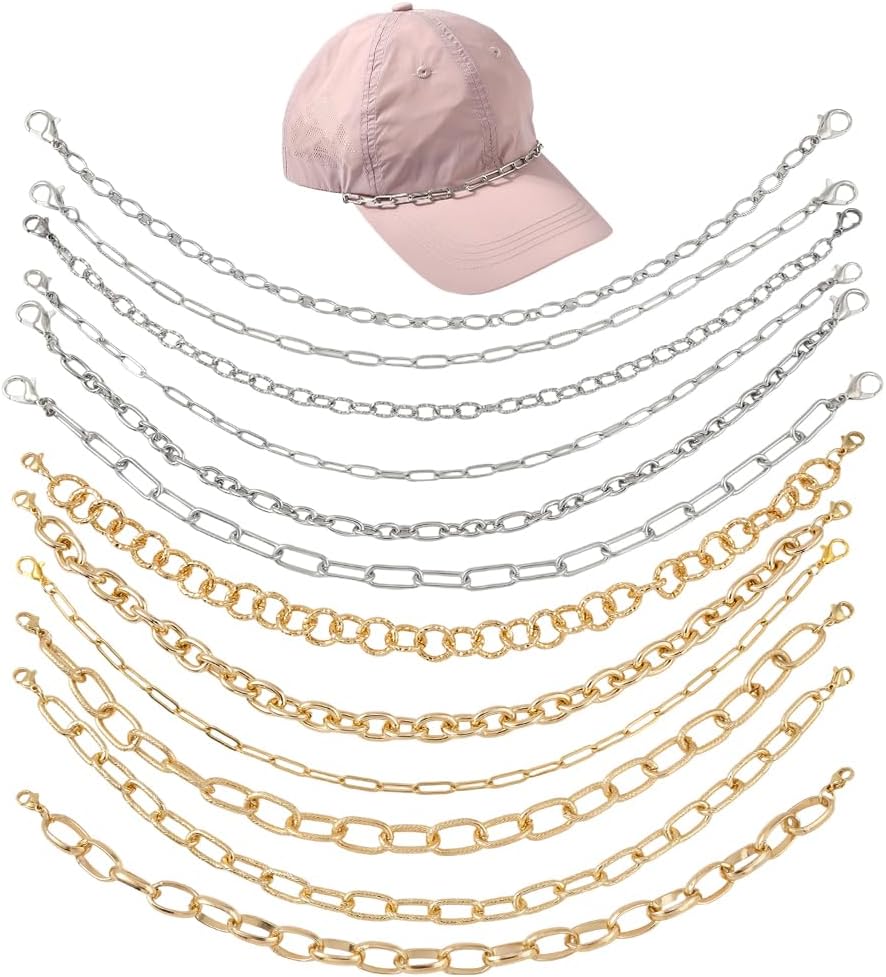 SUNNYCLUE 12Pcs Trucker Hat Chains Gold Hat Chain 304 Stainless Steel Aluminum Silver Detachable Assorted Styles Baseball Caps Charms for Women Men DIY Mesh Baseball Caps Accessories Decoration