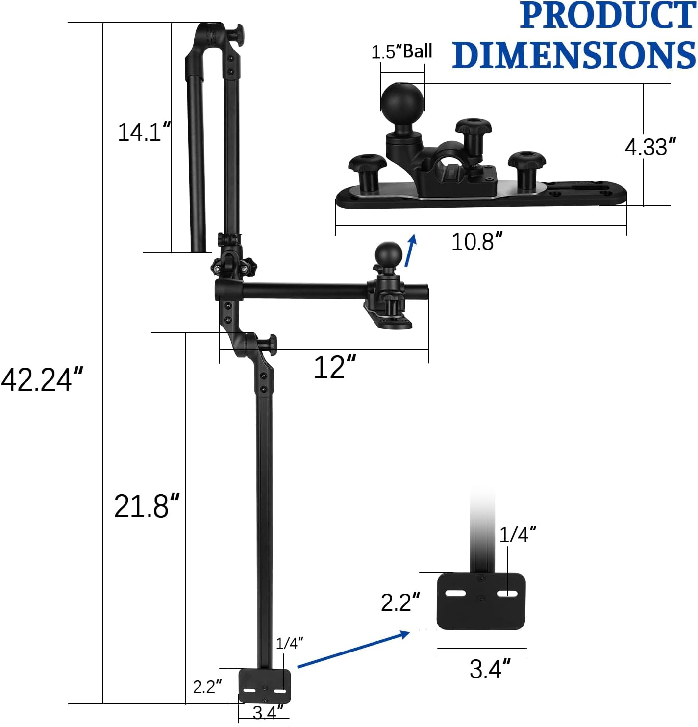 Livescope Transducer Pole Mount for Kayak/Boat,Drill-Down Base with 1.5'' Ball, with T Bolts for Kayak Track,Portable