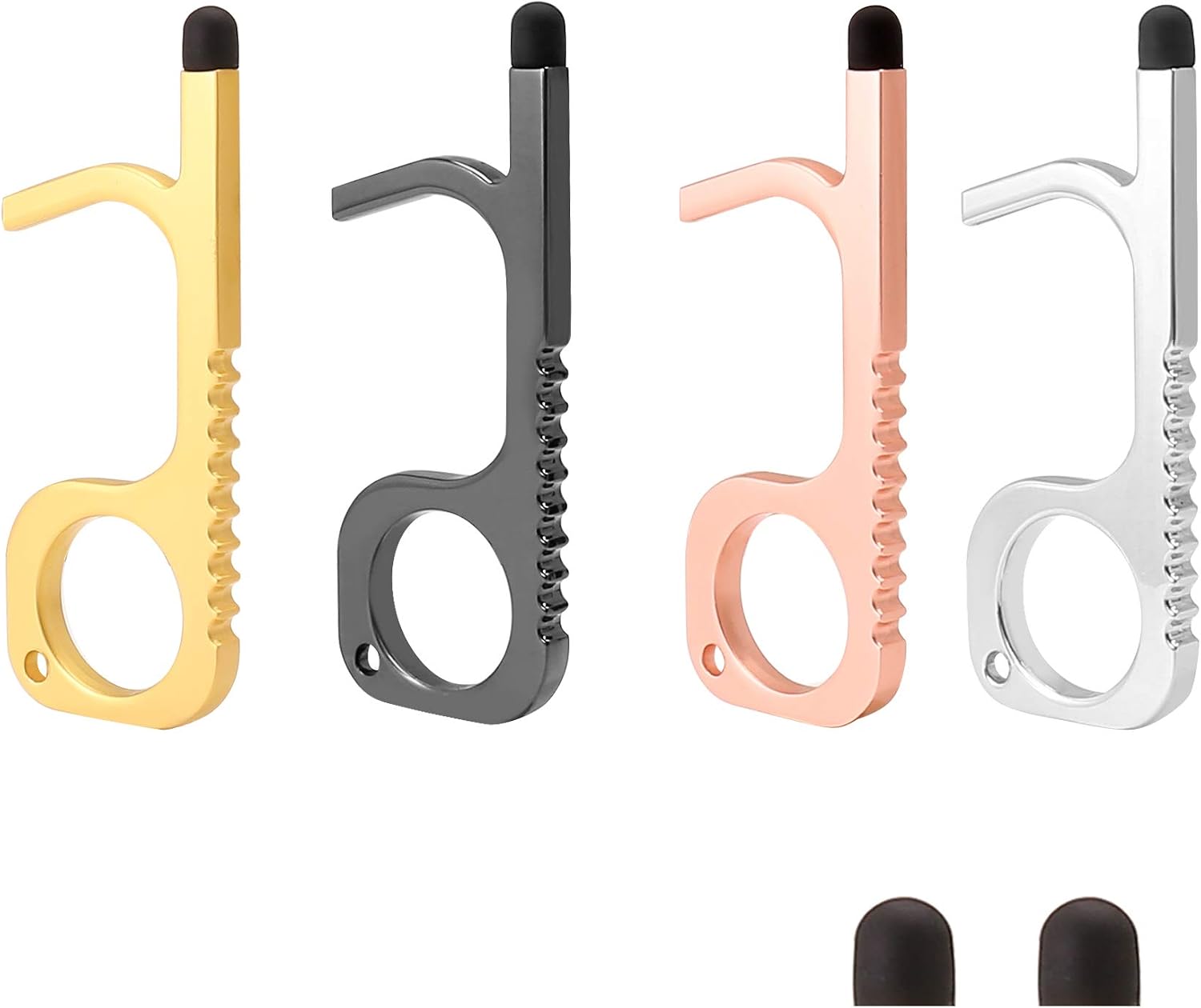 4 Pcs Anti Touch EDC Door Opener, No Touching Hand Multifunctional Key Tool for Pushing Elevator ATM Screen with Bottle Opener & Stylus Pad Design, 4 Colors