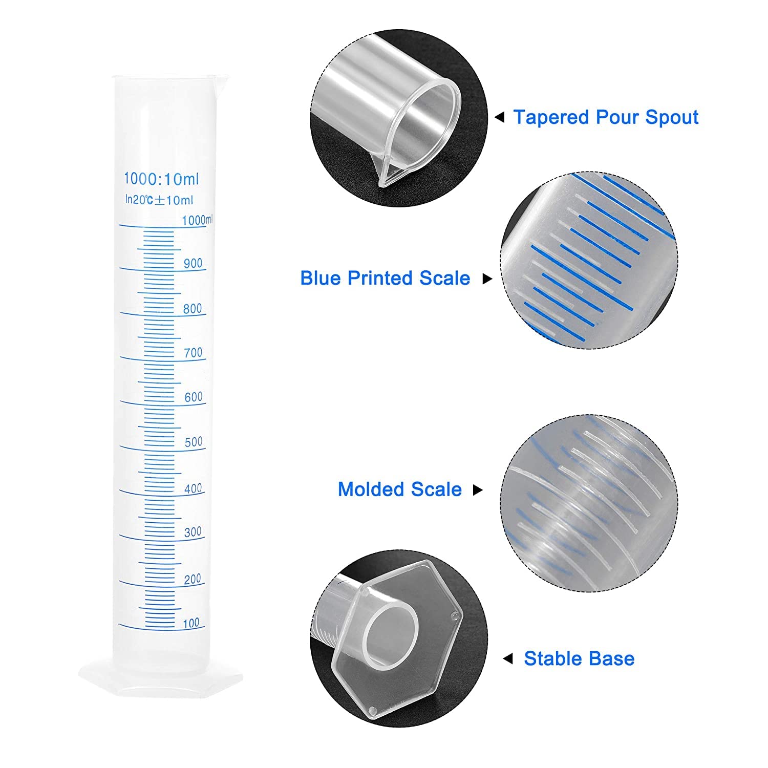XYWHPGV Plastikowy cylinder z podziałką, 10 ml 25 ml 50 ml 100 ml 250 ml 500 ml 1000 ml cylinder miarowy, dwustronne oznaczenie metryczne, przezroczysta podstawa sześciokątna, zestaw 7 w 1(8011f 87971