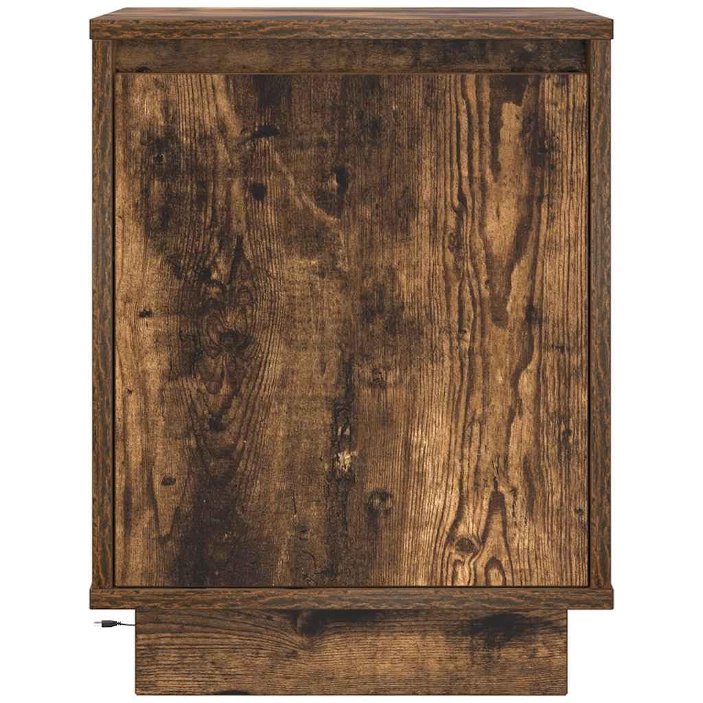 Szafka nocna z oświetleniem LED RGB, przydymiony dąb, 38x34x50 cm, z drewnopochodnego materiału odpornego na wilgoć. Posiada dużo miejsca do przechowywania książek i szklanek oraz
