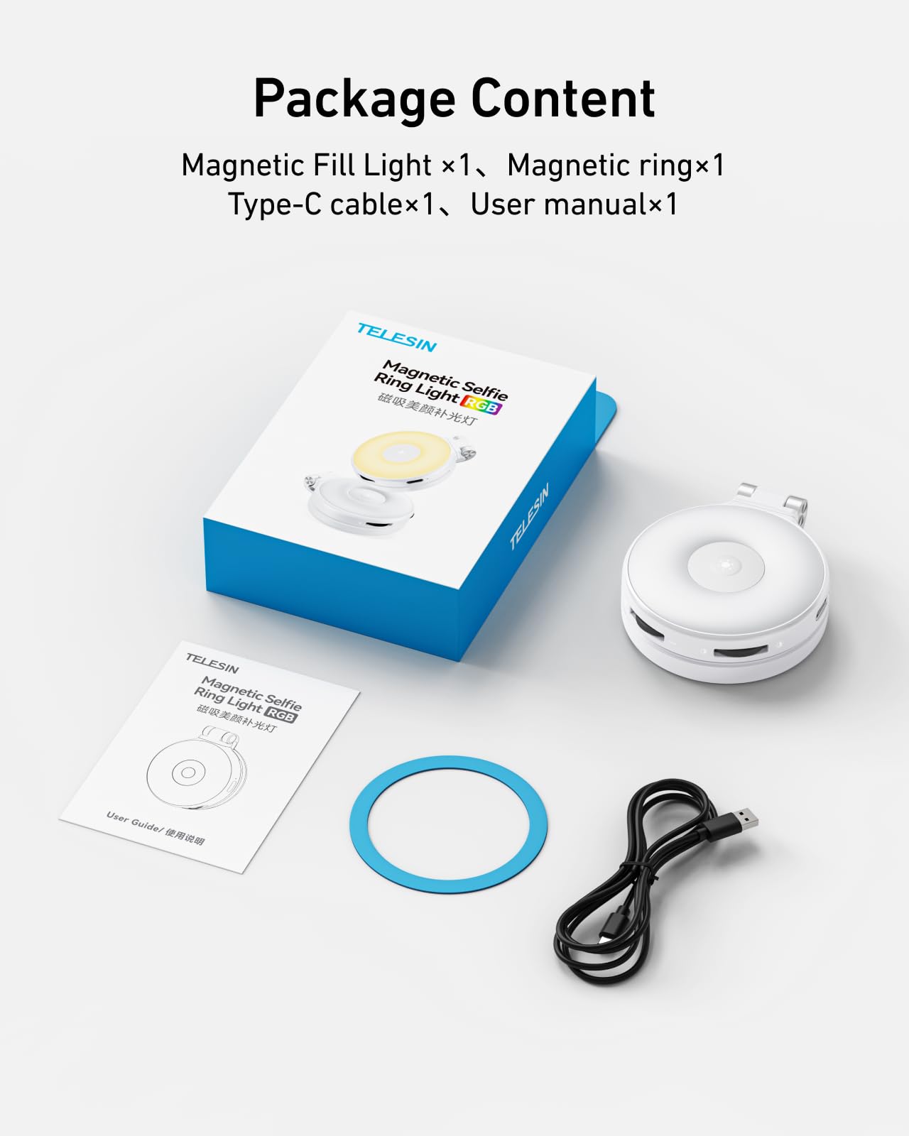 TELESIN Verbessertes 4-in-1 Magnetisches RGB-Selfie-Ringlicht mit Spiegel und Handyhalterung, wiederaufladbares tragbares Clip-On-Fülllicht für iPhone, Samsung, TikTok, Vlogging, Make-up, Fotografie,