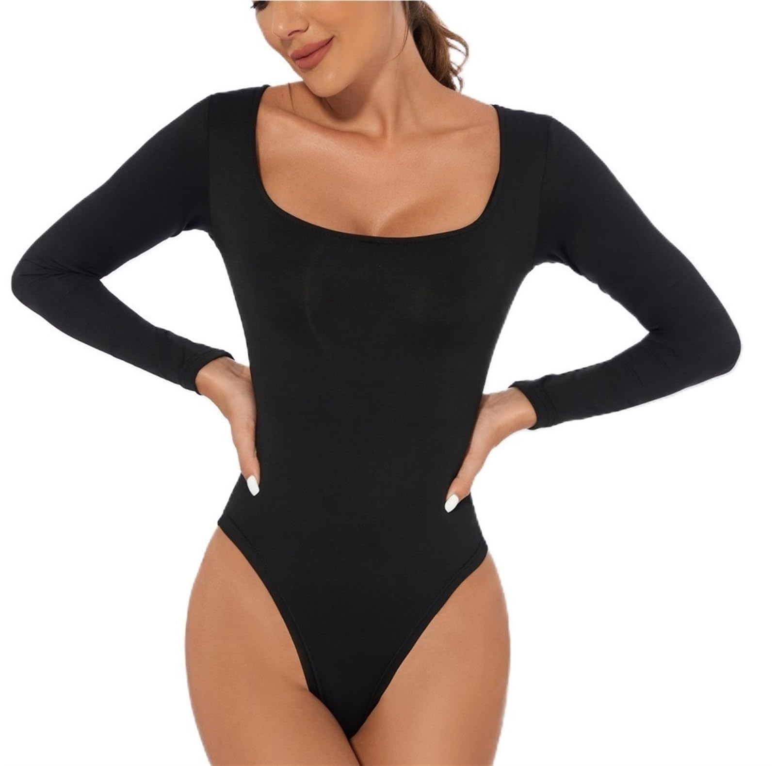 LYGBAOFUL Body-Anzug für Damen, quadratischer Ausschnitt, langärmelig, sexy Basic, schmal geschnittene Oberteile, Tanga-Body-Shirts