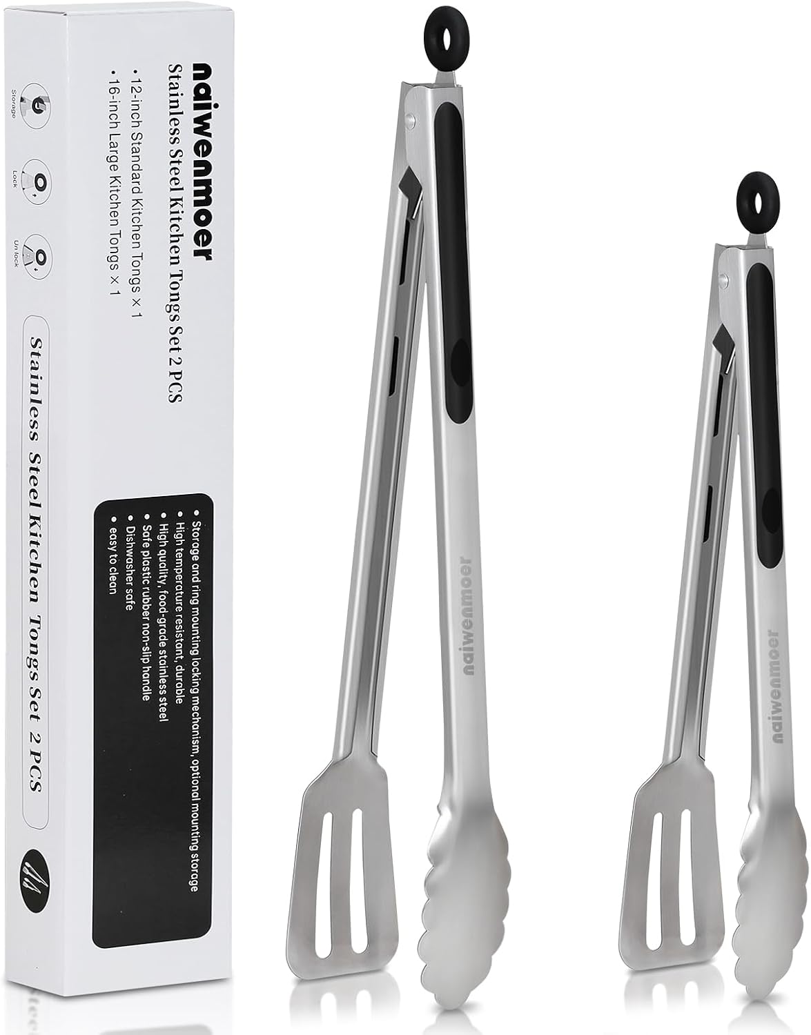 Grill Tongs,Metal Tongs,16 & 12 Inch Heavy Duty Extra Long Stainless Steel Locking Kitchen Tongs,Integrated Tongs‑Spatula Design，Perfect for Cooking, Grilling, Barbecue/BBQ, Buffet, Set of 2