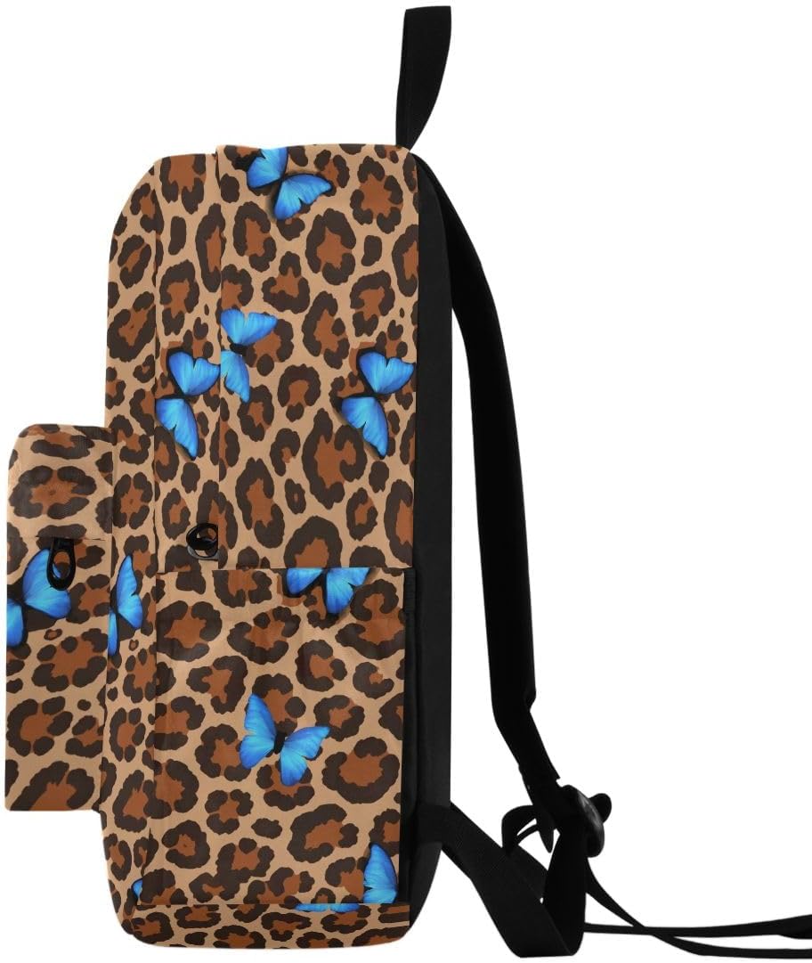 Bolaz Blue Butterfly Leopard Cheetah Print Backpack, Travel Rucksack Lightweight School Bookbag Daypack for Adults Teen Students Boys Girls One Size