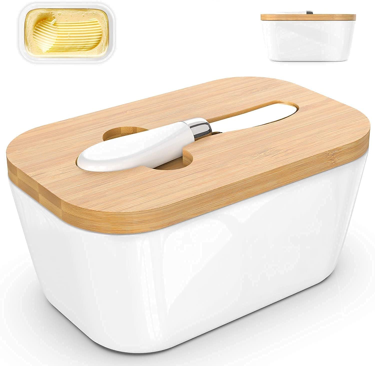 Catron Butter Dishes Ceramic , A Large Porcelain Butter Keeper with Bamboo Lid and Steel Knife Butter Dish with Wooden Top Cover (500 ML)- White