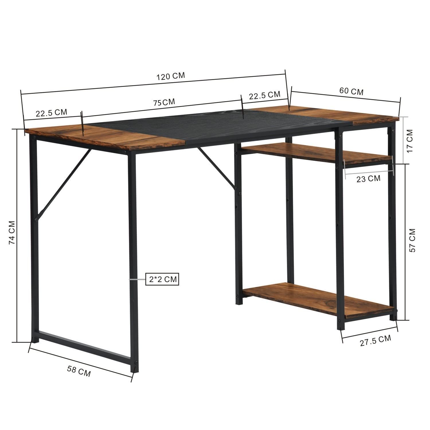 FurnitureR - Mesa de Dibujo Moderna, 120 cm, Madera y Metal, 2 Niveles de Almacenamiento, Ajuste de Altura, Bandeja de diseño Patchwork en Retro marrón y Negro, Ideal para Taller, creación o Oficina