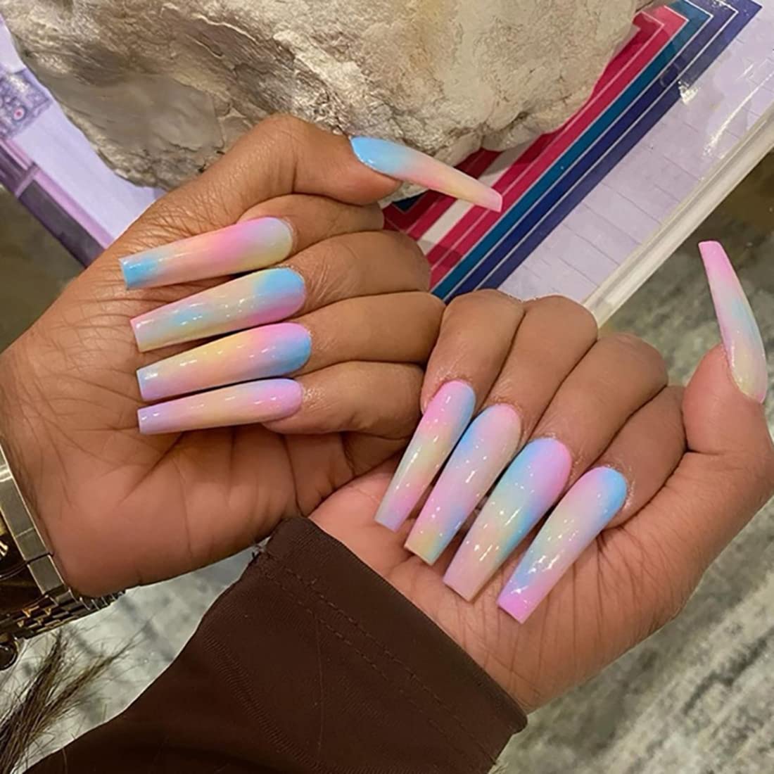Umillars 24pcs Glossy Coffin Fake Nails Extra Long Press on Square Nails Rainbow Acrylic False Nails for Ballerina Cosplay Office Lady (W036)