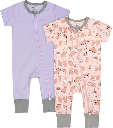 Teach Leanbh Pijama sin pies con cremallera de 2 vías para bebés, niños y niñas, de algodón, con estampado de manga corta, para dormir y jugar