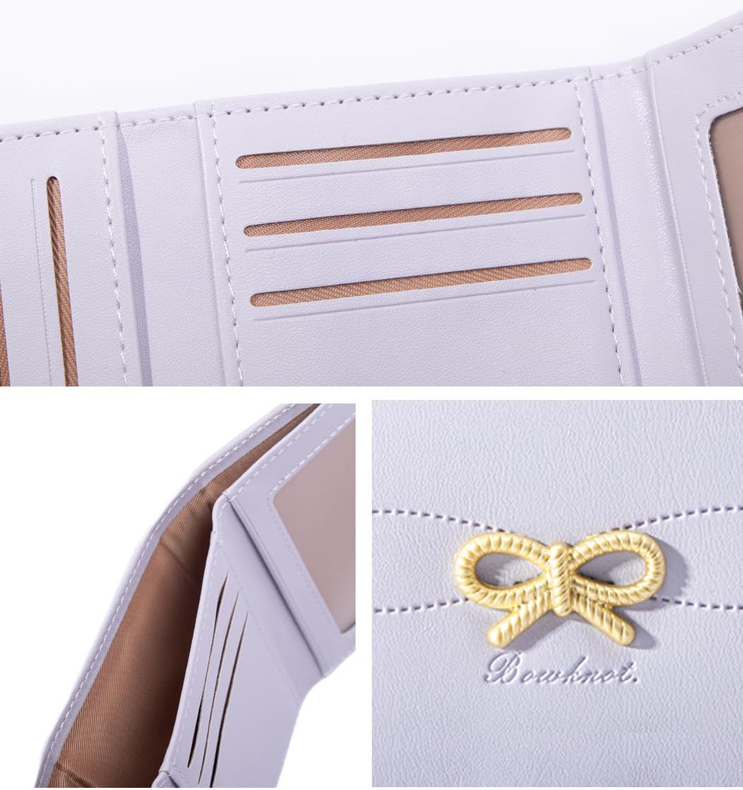Cute Wallet Coquette Bow Small Wallet Tri-folded Aesthetic Bifold RFID Blocking Card Holder Leather Mini Short Coin Purse with ID Window for Women Girls Ladies -Purple - Image 4