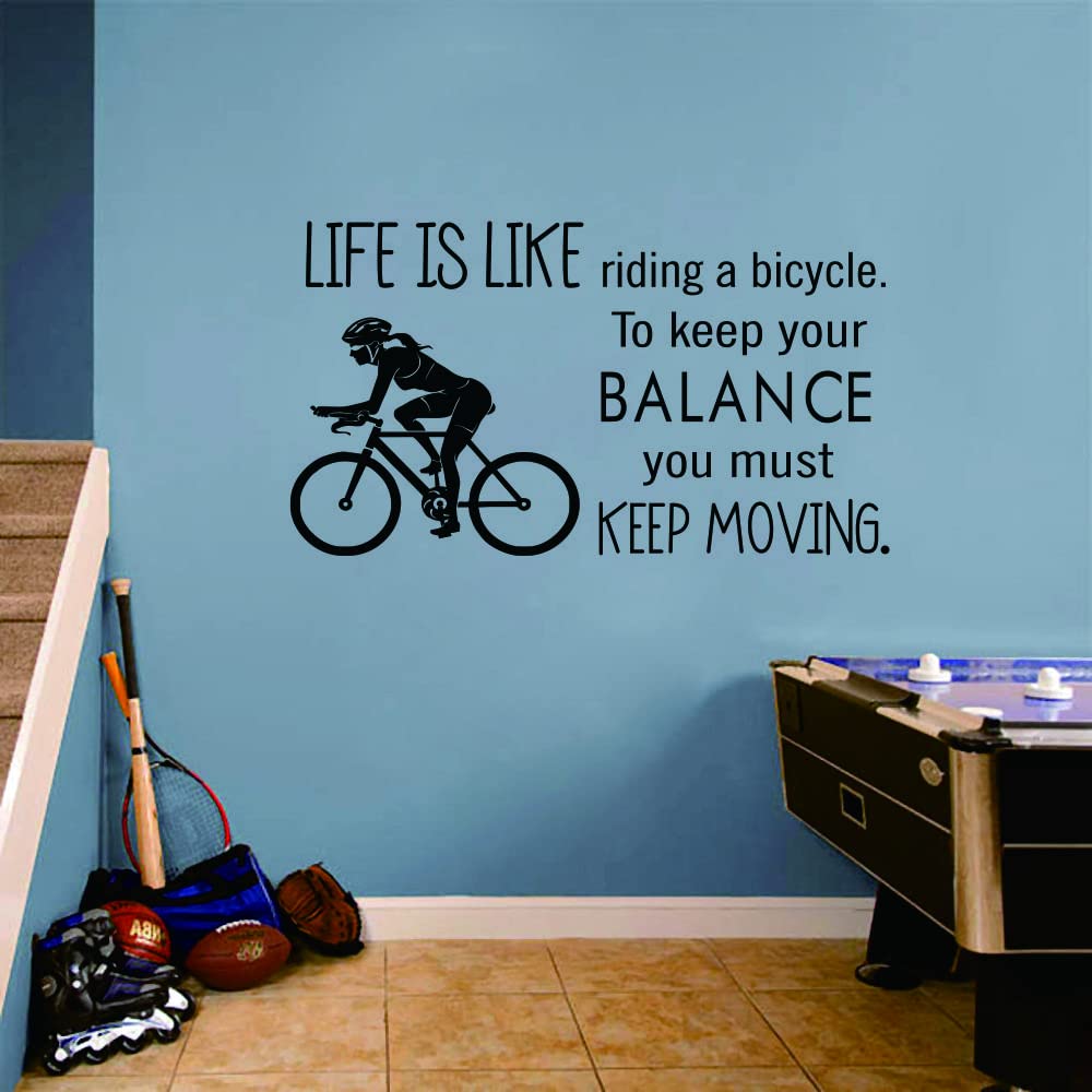 ANFRJJI Bicycle Wall Decal - Removable PVC Sticker with Inspirational Quote “Keep Balance and Keep Moving” - Bike Mural Art for Bedroom, Study, Gym, Office, or Workout Room - 12