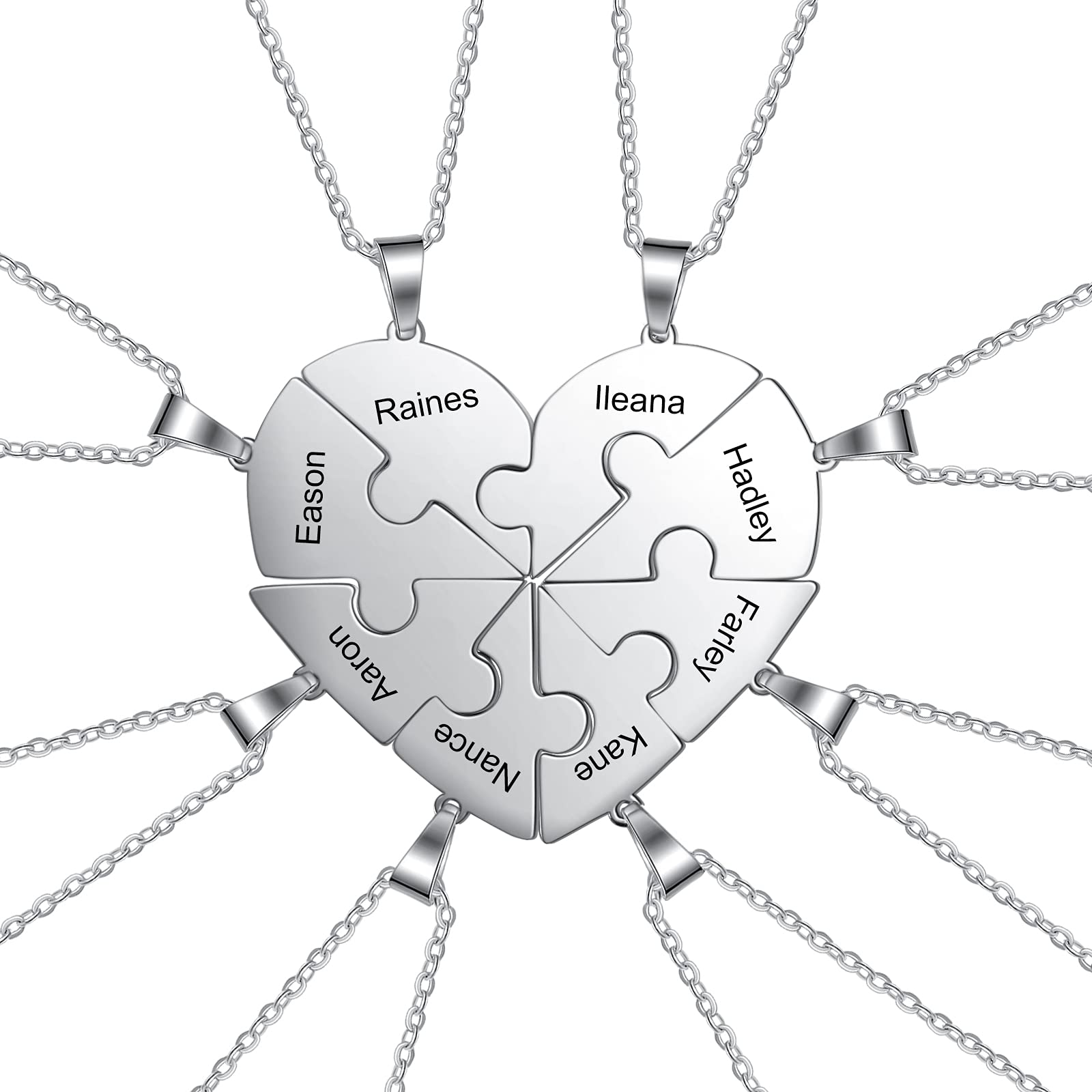 Puzzle Necklace for Women Personalised Heart Puzzle Pendant Necklace with 2~8 Names Engraved for Women Friends BFF Partner Mum and Cildrens Birthday Christmas Gift