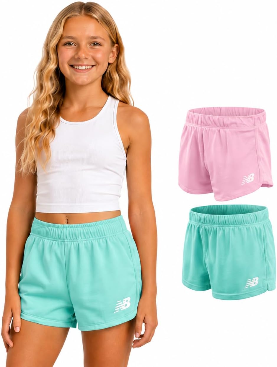 New Balance Girls 2 Pack Mesh Dolphin Running Shorts, Outdoor Performance | Breathable Feel for All-Day Wear, Secure Elastic Waistband, Great for Cheer, Dance, or Tumbling, Fits Ages 7 to 16