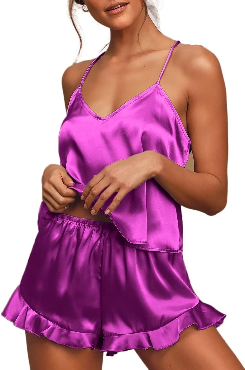 CHYRII Women's Sexy Silk Satin Ruffled Pajamas Sets Cami Shorts Sets Sleepwear