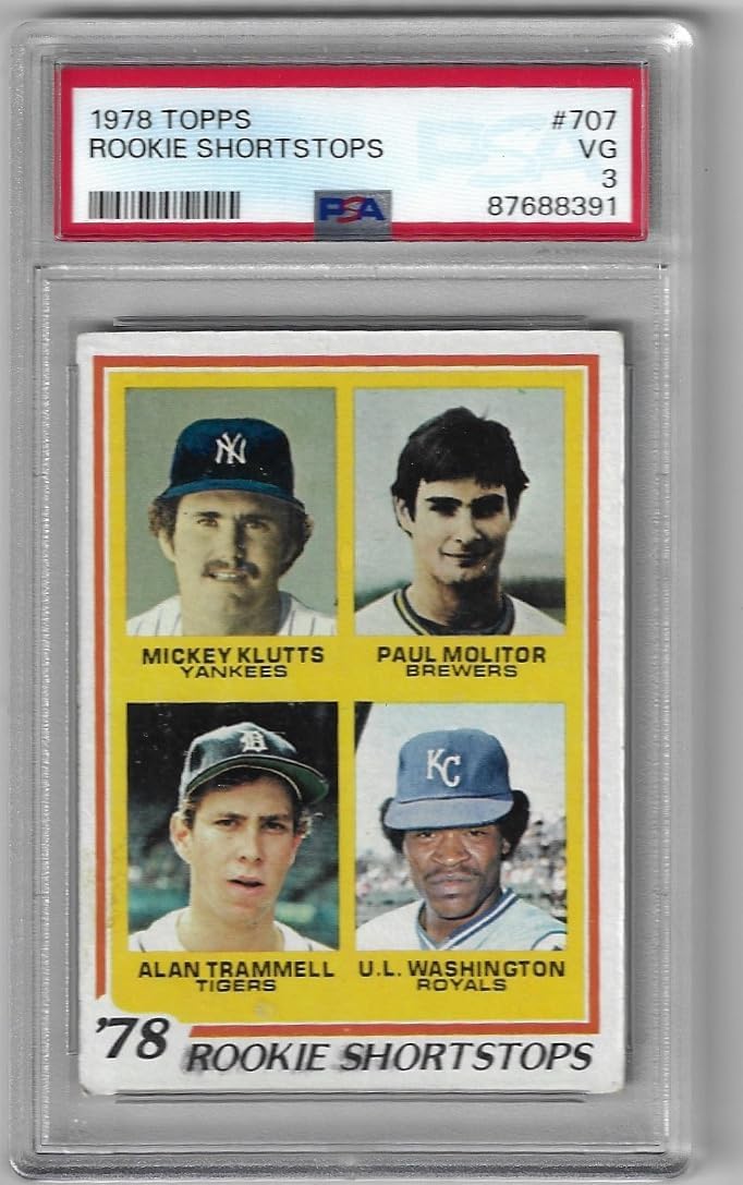Mickey Klutts, Paul Molitor, Alan Trammell & U.L. Washington PSA Graded 3 Very Good 1978 Rookie Shortstops Vintage Collectible Baseball Card - 1978 Topps Baseball Card #707 (Yankees, Brewers, Tigers & Royals)