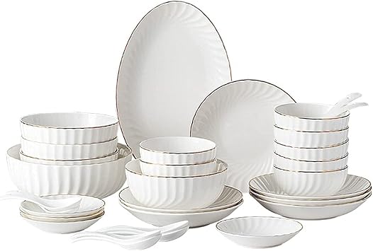 32 Piece White Dinnerware Set Modern European Dinner Plates & Bowls Set Table Service for 6-8 People Punon Pen Luxury Dinnerware Set Microwave Safe Dessert Soup Salad