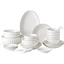 32 Piece White Dinnerware Set Modern European Dinner Plates & Bowls Set Table Service for 6-8 People Punon Pen Luxury Dinnerware Set Microwave Safe Dessert Soup Salad