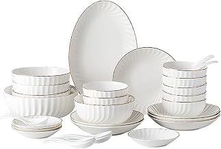 Classic 32-Piece White Dinnerware Sets, Modern European Dinner Plate and Bowl Set, Table Service for 6-8, Phnom Penh Tableware Set Microwave Safe, Dessert/Soup,