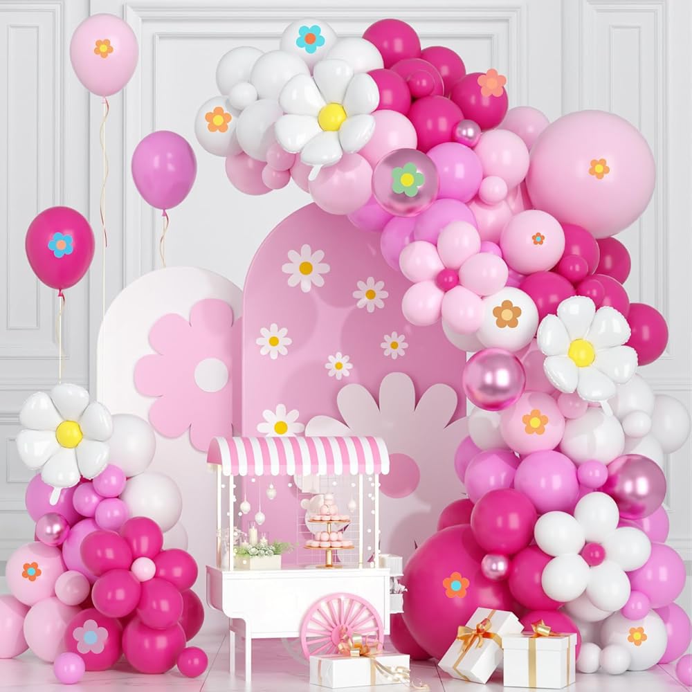 Hot Pink Balloons Arch Kit,Pink White Daisy Flower Garland with Metallic Red Balloons for Birthday Party Baby Shower Baptism Bridal Engagement Wedding