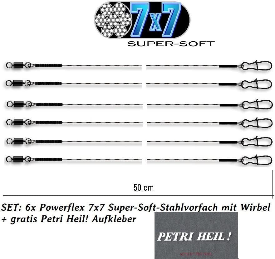 Image secondaire de Set : 6 Compartiment Power Flex 7 x 7 Super Soft acier avant avec Tourbillon, 15 kg, longueur 50 cm + autocollant Petri Heil.