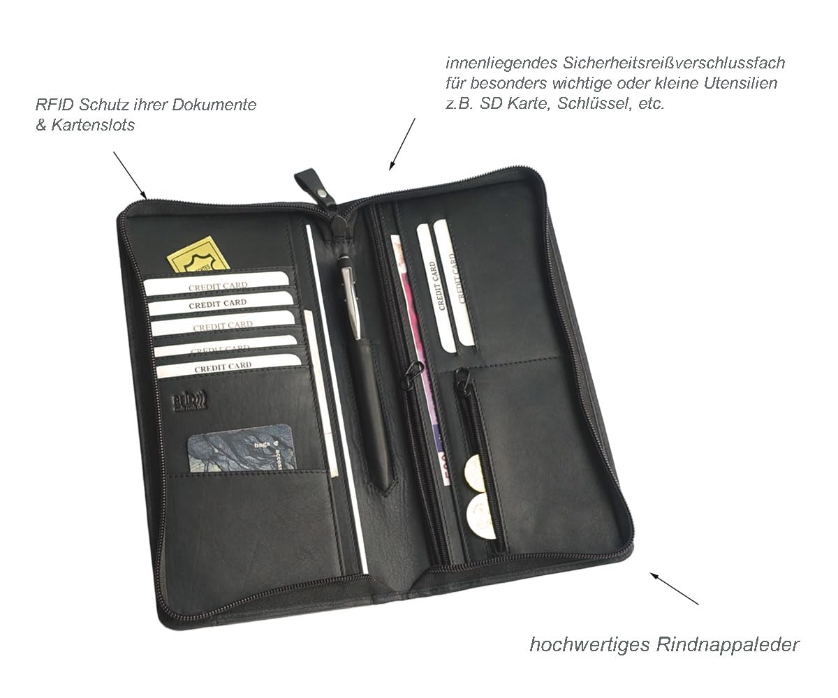 Reiseorganizer Dokumente Leder, Reisepasstasche Leder schwarz Reisepasshülle, Passport Tasche für Reisen, Reisemappe, Dokumentenmappe, Reisebörse Tickettasche Ausweistasche Leder Passport-Etui