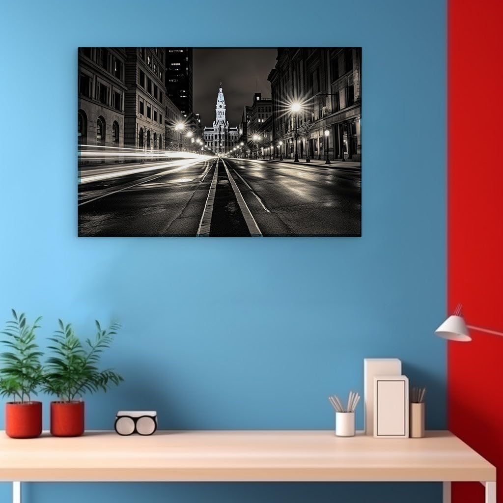 Canvas for Living room. Midnight Serenity in Philadelphia - A Monochrome Portrait of Urban Stillness, 27 x 18 inch Canvas Wall Art - Ready to Hang
