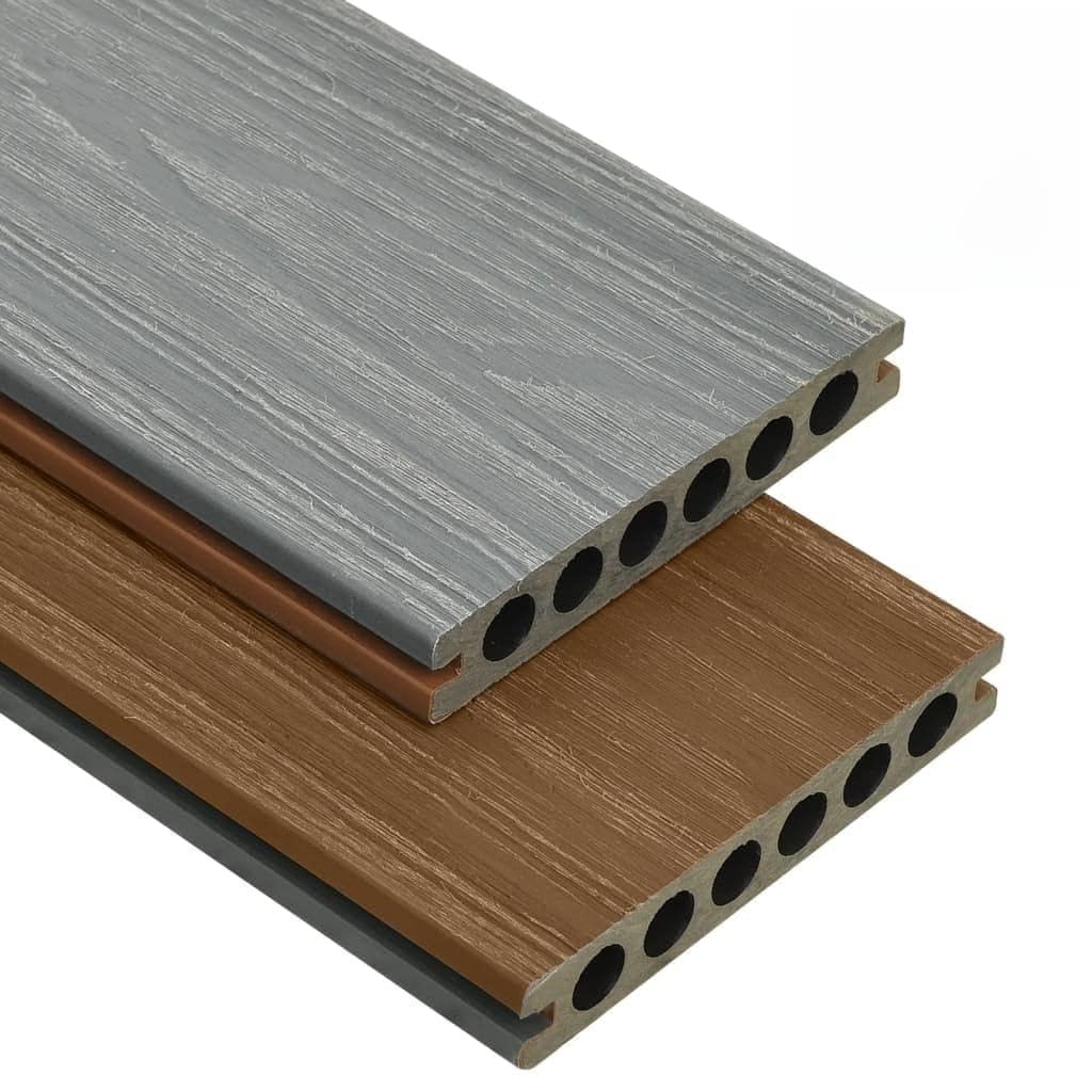 Lot de lames de terrasse WPC avec accessoires marron gris 10 m² 2,2 m de long, 23 mm d'épaisseur, lames de co-extrusion pour balcon, piscine, imperméables et durables avec structure en bois