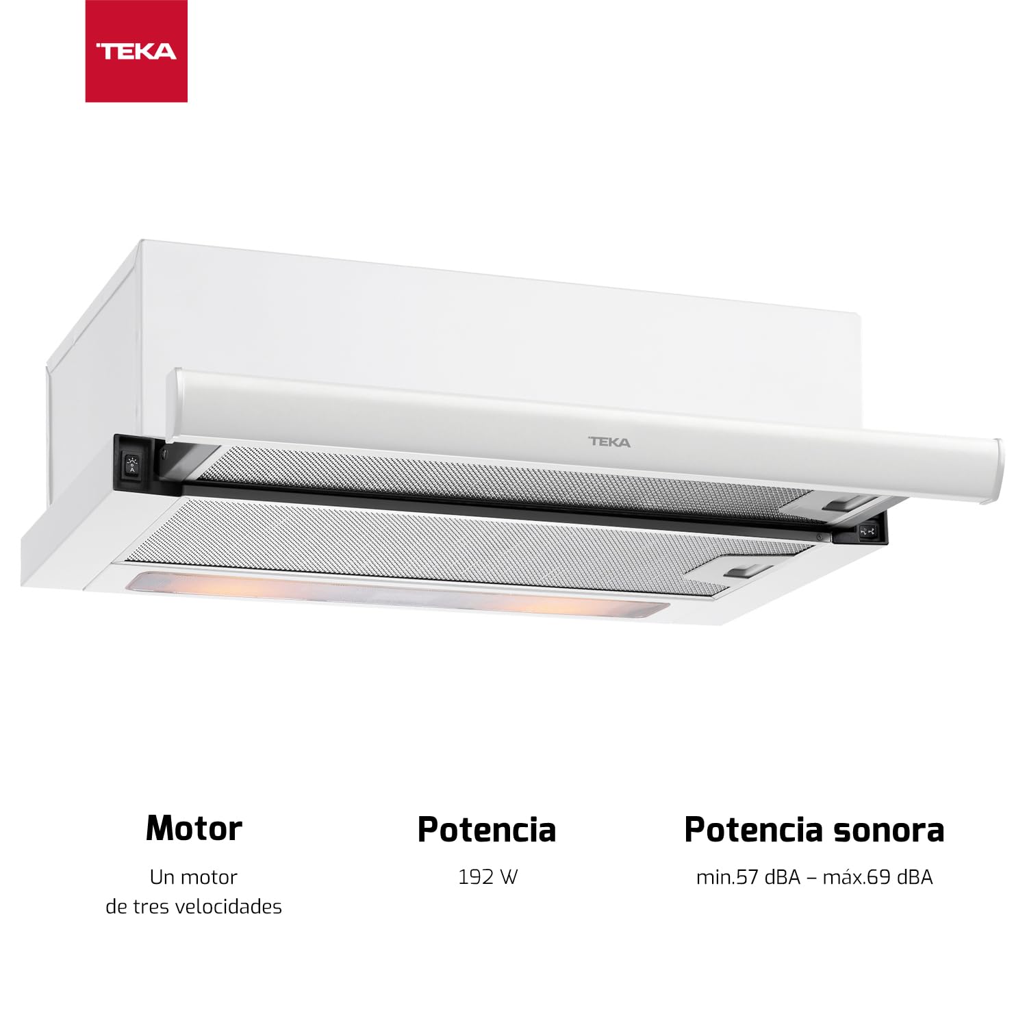 TEKA Campana Extensible 60 cm Telescópica Frente Blanco Extraíble y Sustituible, 3 Velocidades, 2 Lámparas LED, 1 Motor, 360 m3/h, Compatible con recirculación, TL 6420.2 WH