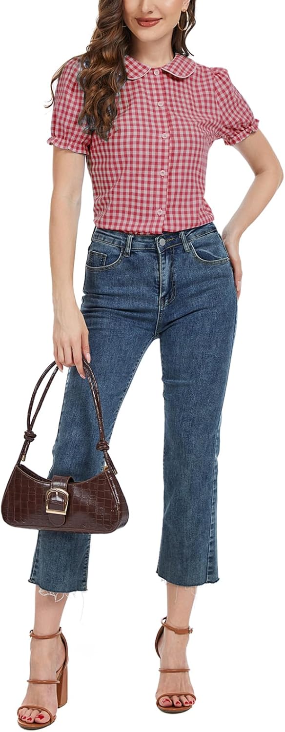 MINTLIMIT Women's Gingham Blouse 2025 Plaid Top Short Sleeve Button Down Peter Pan Collar Shirt - Image 6