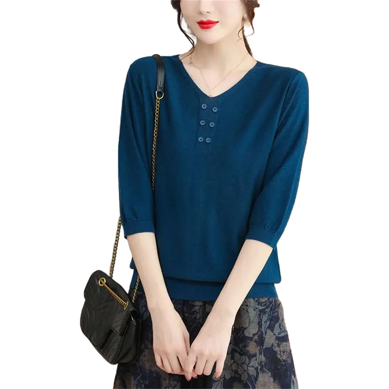 Maglietta da donna lavorata a maglia, mezza manica con scollo a V, tinta unita, stile vintage