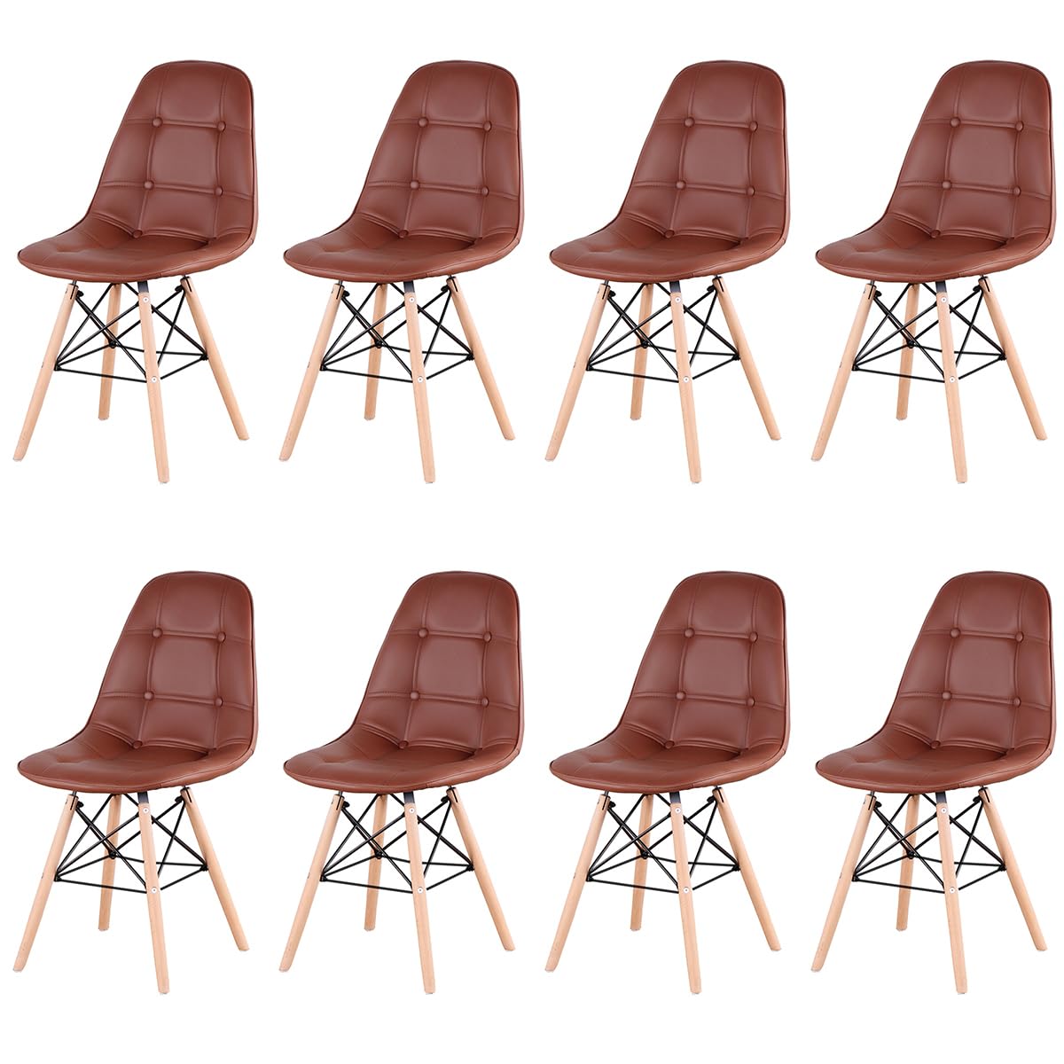 Chaise de salle à manger lot de 8 chaises ergonomiques en PU marron et pieds en bois massif