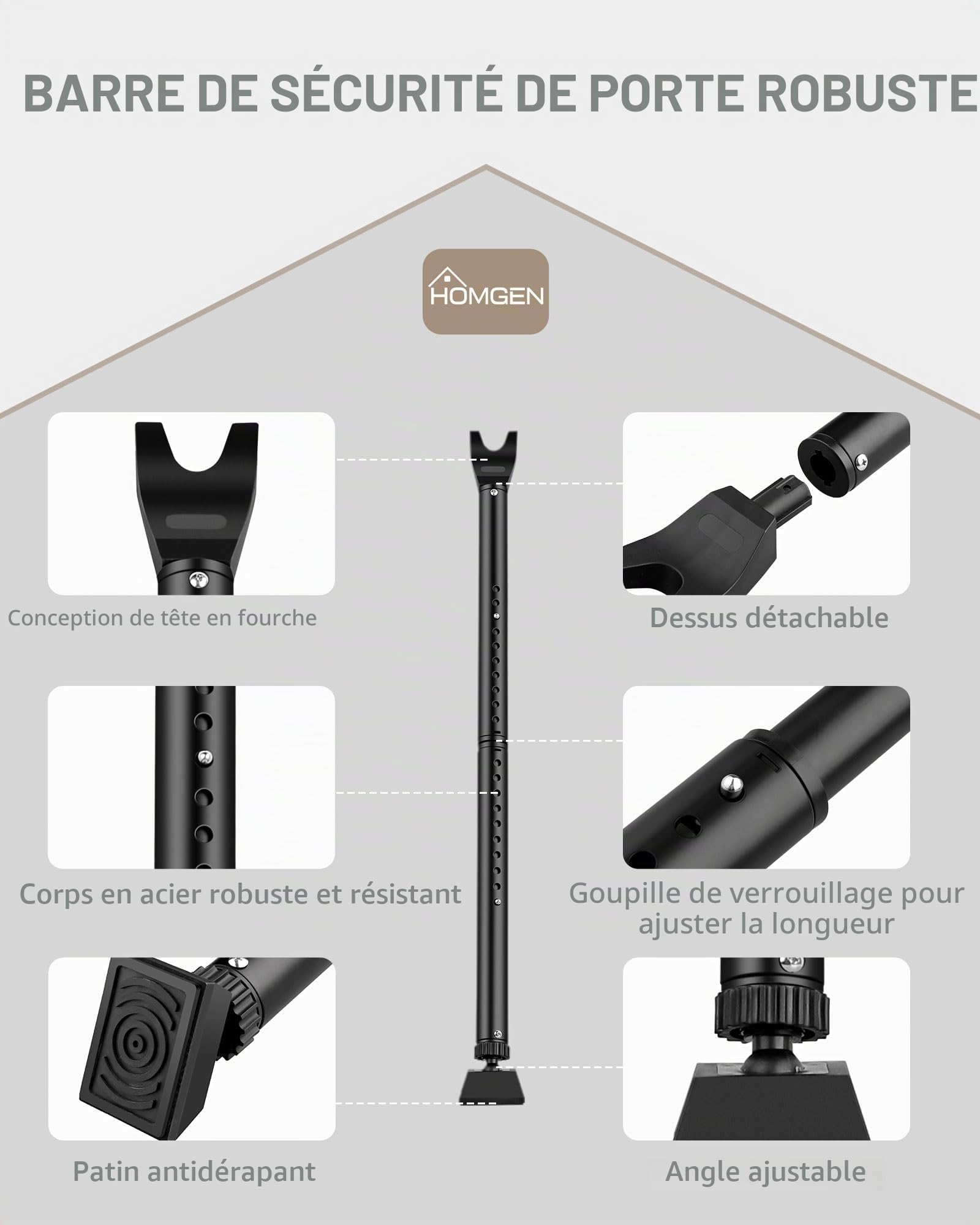 HOMGEN Barre de sécurité réglable pour porte coulissante, barre de verrouillage télescopique haute pour porte française, serrure de terrasse coulissante, noir