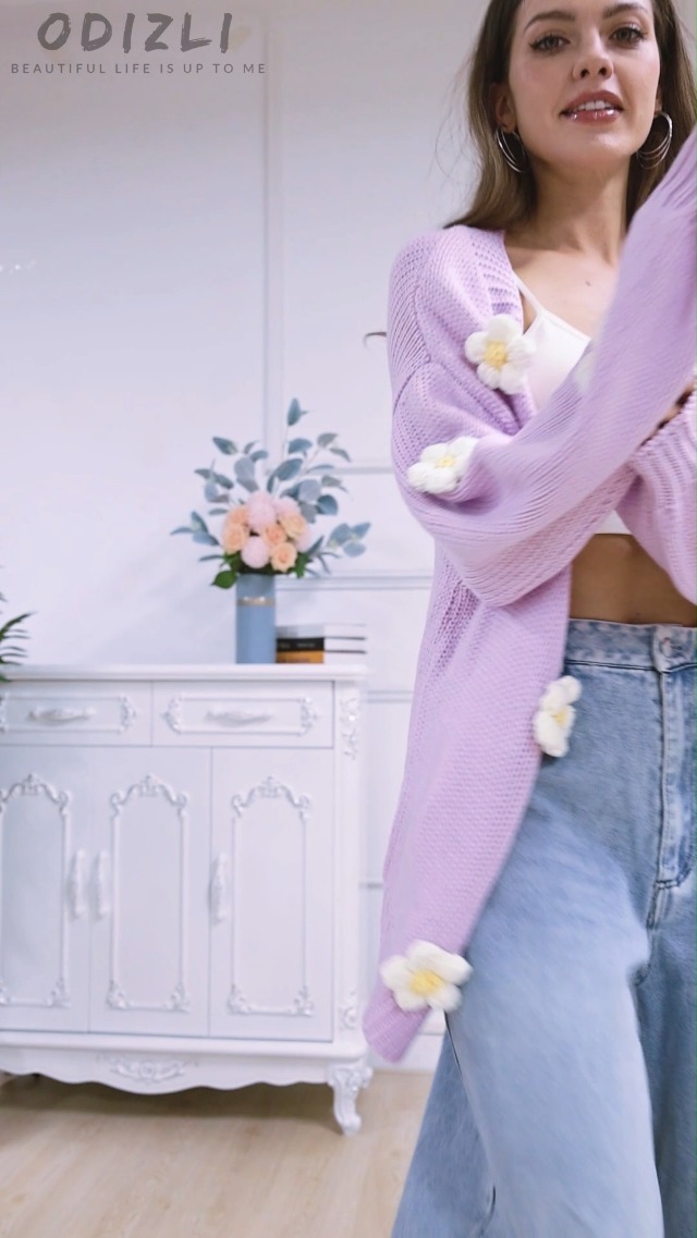 Brown Cardigan for Women Flower Colorful Sweaters Lantern Sleeve