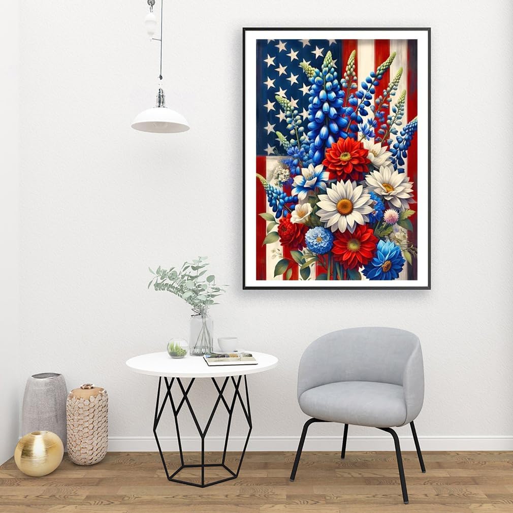 4th of July Floral Diamond Painting Kits for Adult Beginners,Patriotic Independence Day Diamond Art Kits for American Flag,Full Drill Paint with Diamond Dot Gem Art Painting for Home Decor 12x16 inch