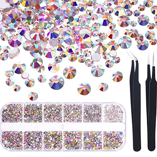 1728 Pieces Crystals Nail Art Rhinestones Round Beads Flatback Glass Charms Gems Stones and 2 Pieces Tweezers with Storage Organizer Box, SS3 6 10 12 16 20, 288 Pieces Each Size (Crystals AB)