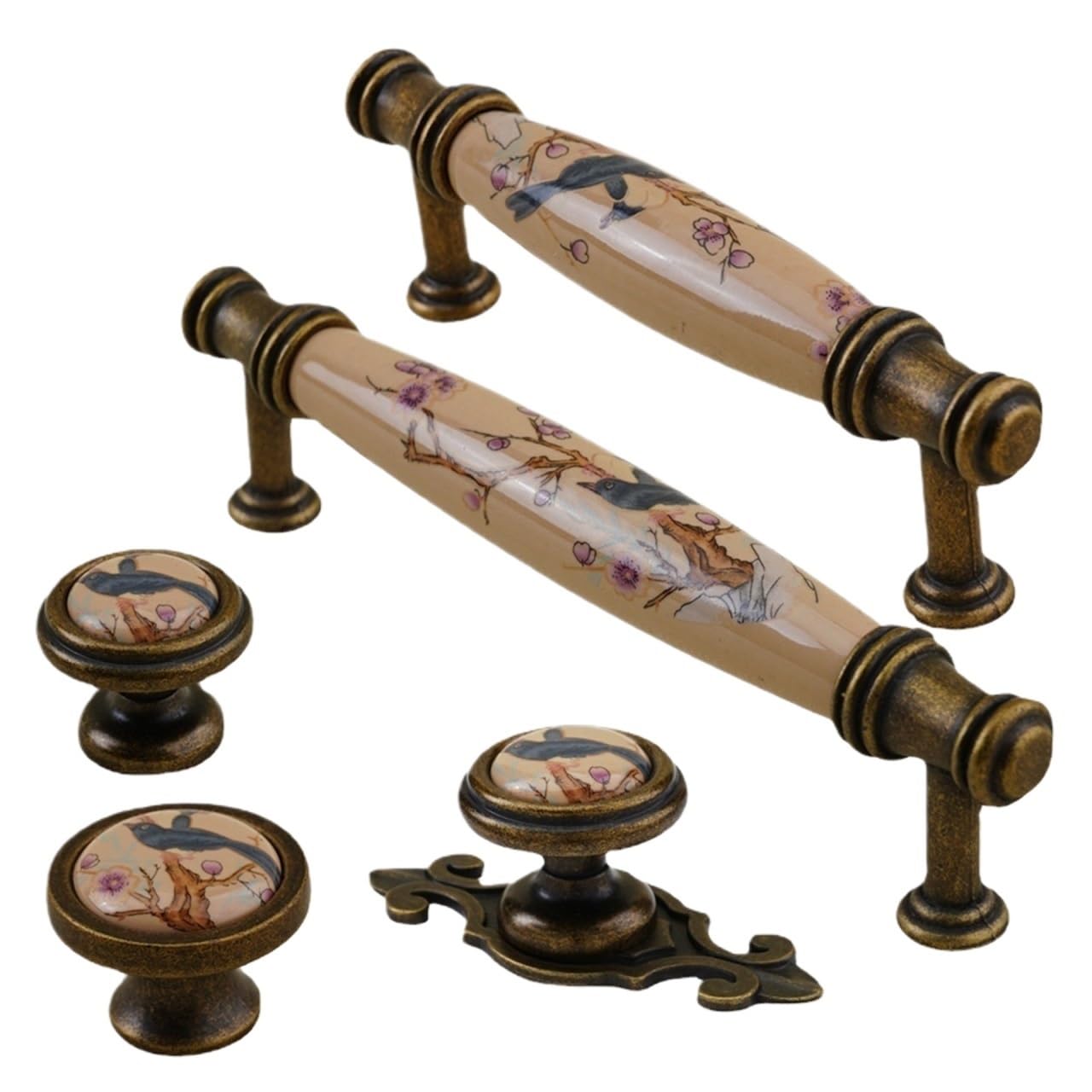 Qvorlth Vintage Cabinet Pulls 4pc Ceramic Knob Cabinet Dresser Pulls Door Handles Cupboard Wardrobe Drawer(Bird 201-CC76mm)
