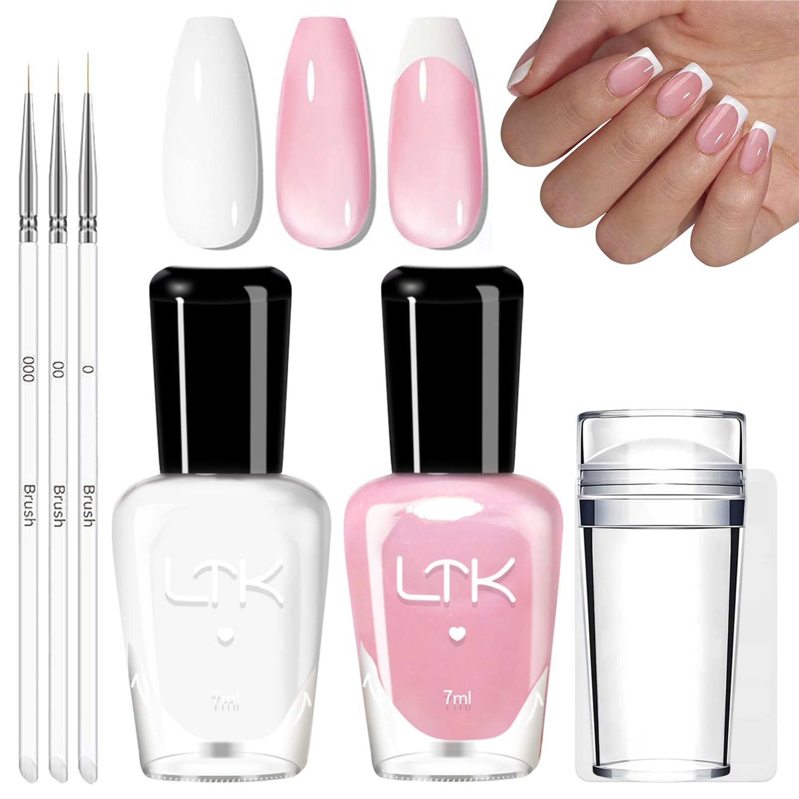 French Nagellack Set - Schnell trocknend & Langanhaltend Pink Nail Polish mit Nagelstempel & dünnem Nail Art Pinsel, ungiftiger Nagellack auf Wasserbasis für DIY Nagelkunst, Kein UV-Lampe (Weiß)