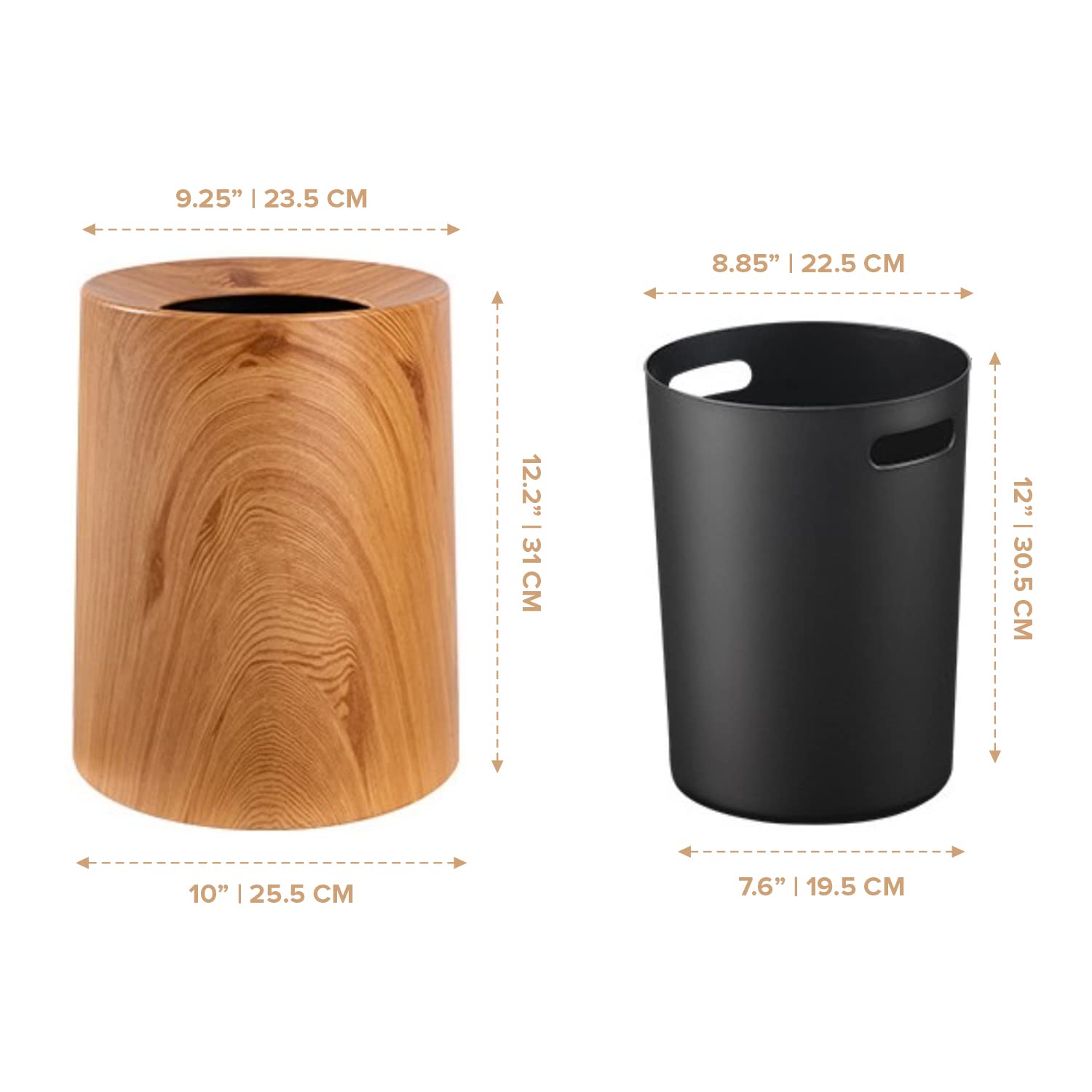 Anti Spill Nordic Wood Grain Look Waste Basket - Kids Pet Proof Garbage Container - Safer & Cleaner Indoor Outdoor Trash Can 3.2Gal - Patio Yard Entry Garbage Can - Round Modern Design 10"x10"x12"