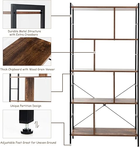 Miniatura 5 de Giantex Estantería de 5 niveles, estantería de estilo industrial con marco de metal, estantes de almacenamiento independientes, estantes de