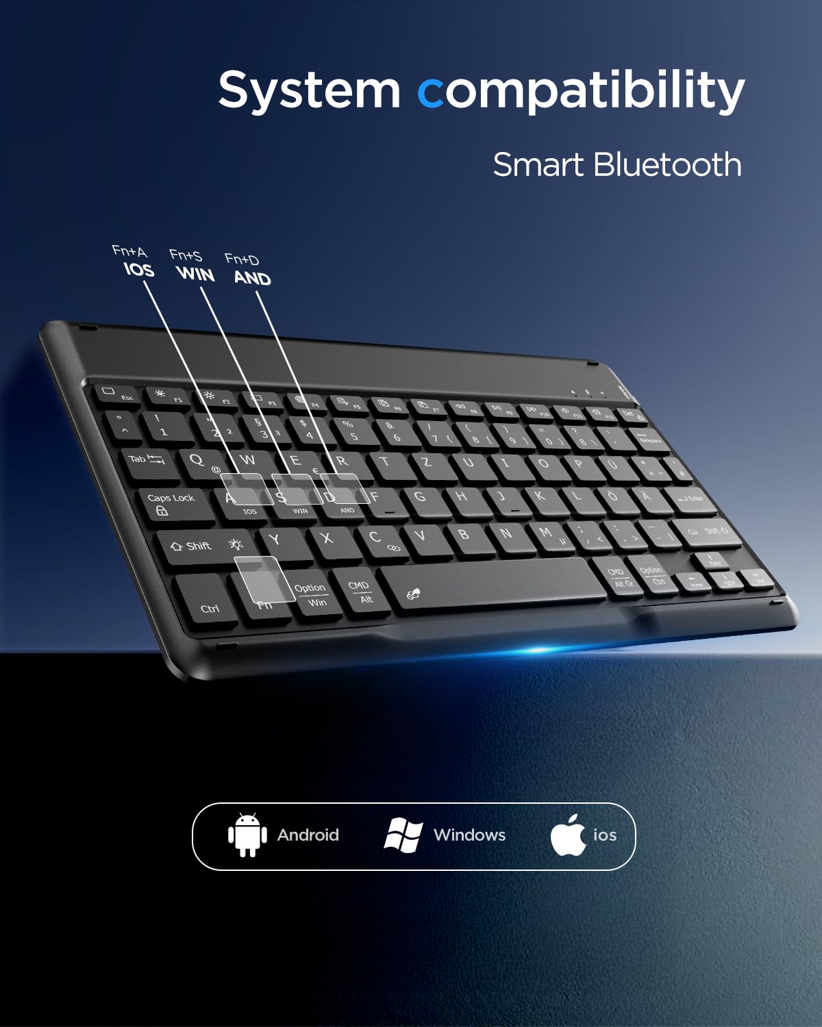 EasyAcc Tastiera Bluetooth, tastiera wireless Bluetooth compatibile con Windows/Android/iOS, tastiera retroilluminata QWERTZ layout tedesco, tastiera con cavo Tape-C da 80 cm, nero